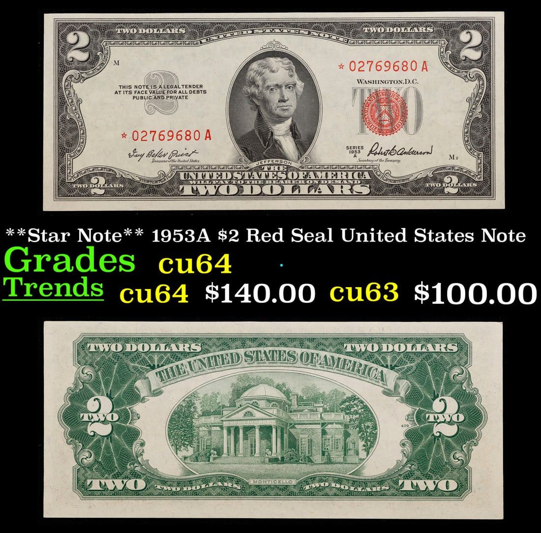 **Star Note** 1953A $2 Red Seal United States Note Grades Choice CU (1 of 3)