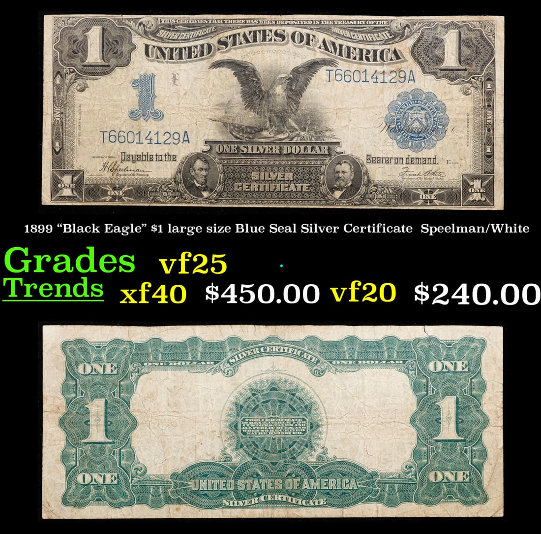 1899 "Black Eagle" $1 large size Blue Seal Silver Certificate Grades vf+ Signatures Speelman/White (1 of 3)