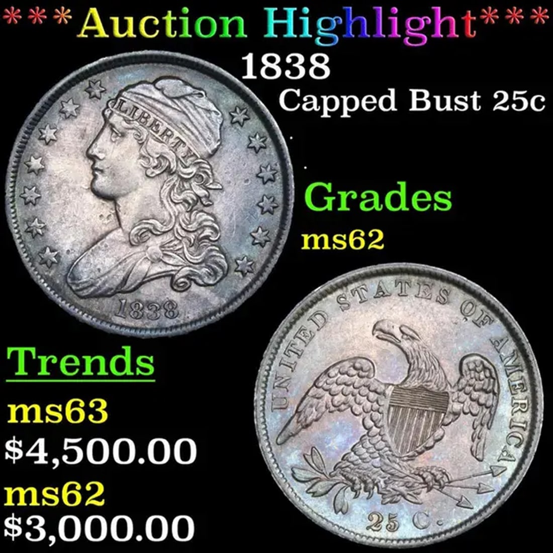 ***Auction Highlight*** 1838 Capped Bust Quarter 25c Graded ms62 By SEGS (fc) (1 of 5)
