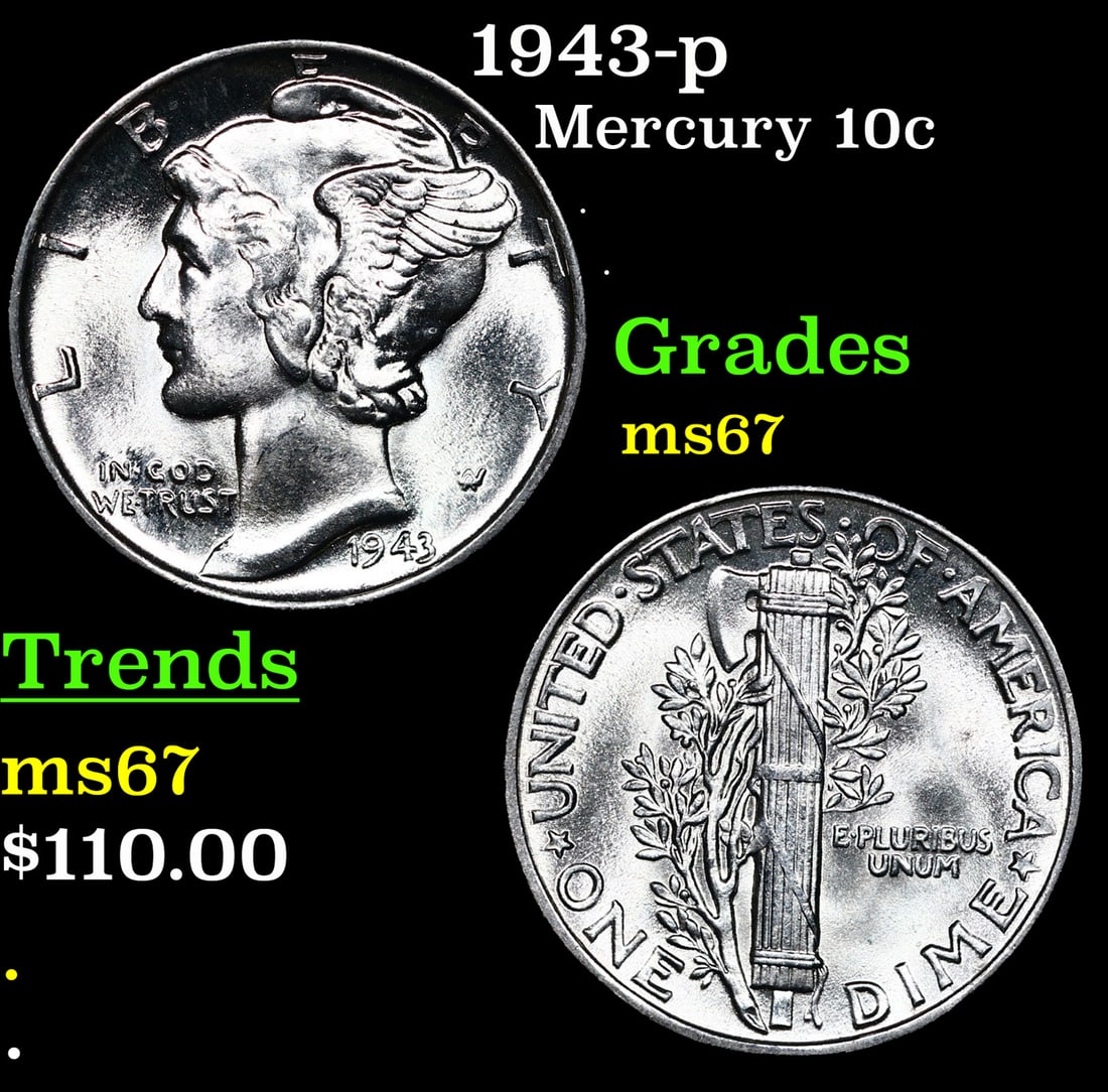 1943-p Mercury Dime 10c Grades GEM++ Unc (1 of 3)