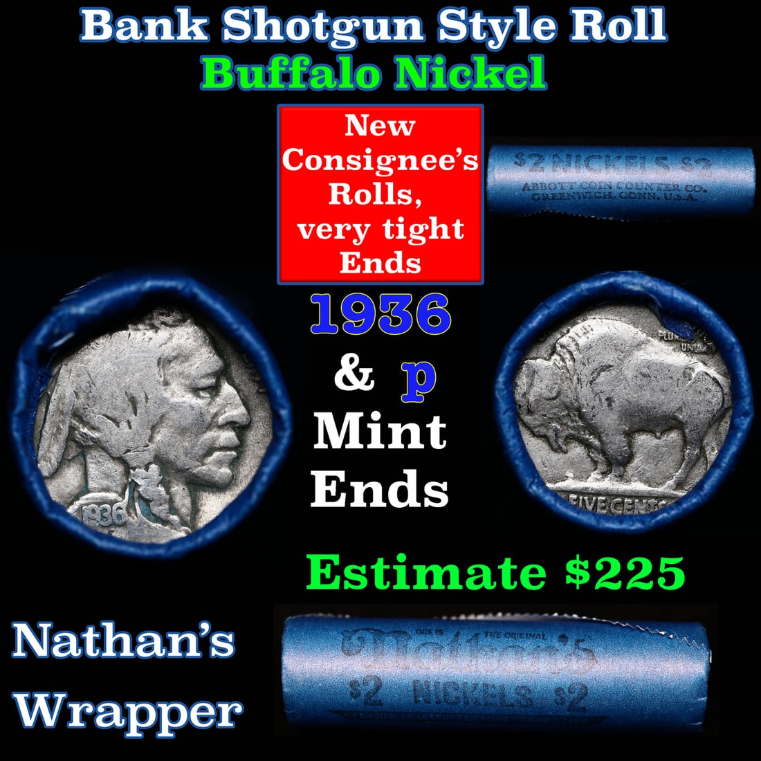 Buffalo Nickel Shotgun Roll in Old Bank Style ' Abbott Coin Counter' Wrapper 1936 & d Mint Ends (1 of 6)