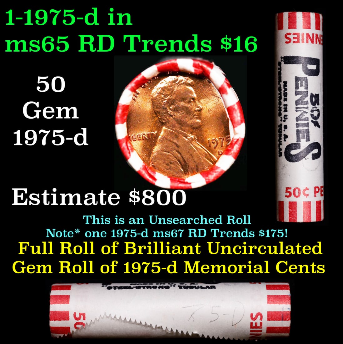 BU Shotgun Lincoln 1c roll, 1975-d 50 pcs Steel-Strong Wrapper 50c: BU Shotgun Lincoln 1c roll, 1975-d 50 pcs Steel-Strong Wrapper 50c. A terrific Shotgun roll of Lincoln cents in a steel strong wrapper. Most if not all coins should be cherry red.