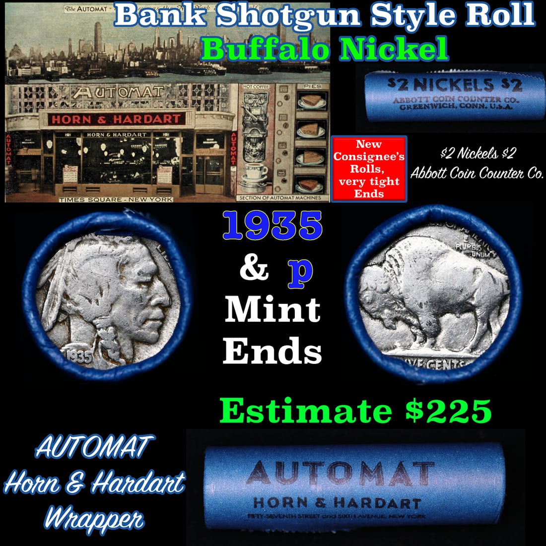 Buffalo Nickel Shotgun Roll in Old Bank Style ' Abbott Coin Counter' Wrapper 1935 & p Mint Ends (1 of 5)