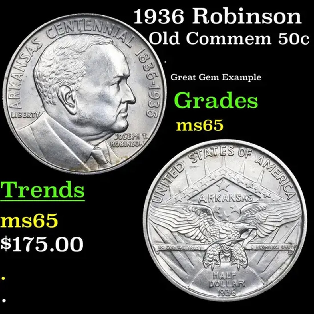 1936 Robinson Old Commem Half Dollar 50c Grades GEM Unc (1 of 3)