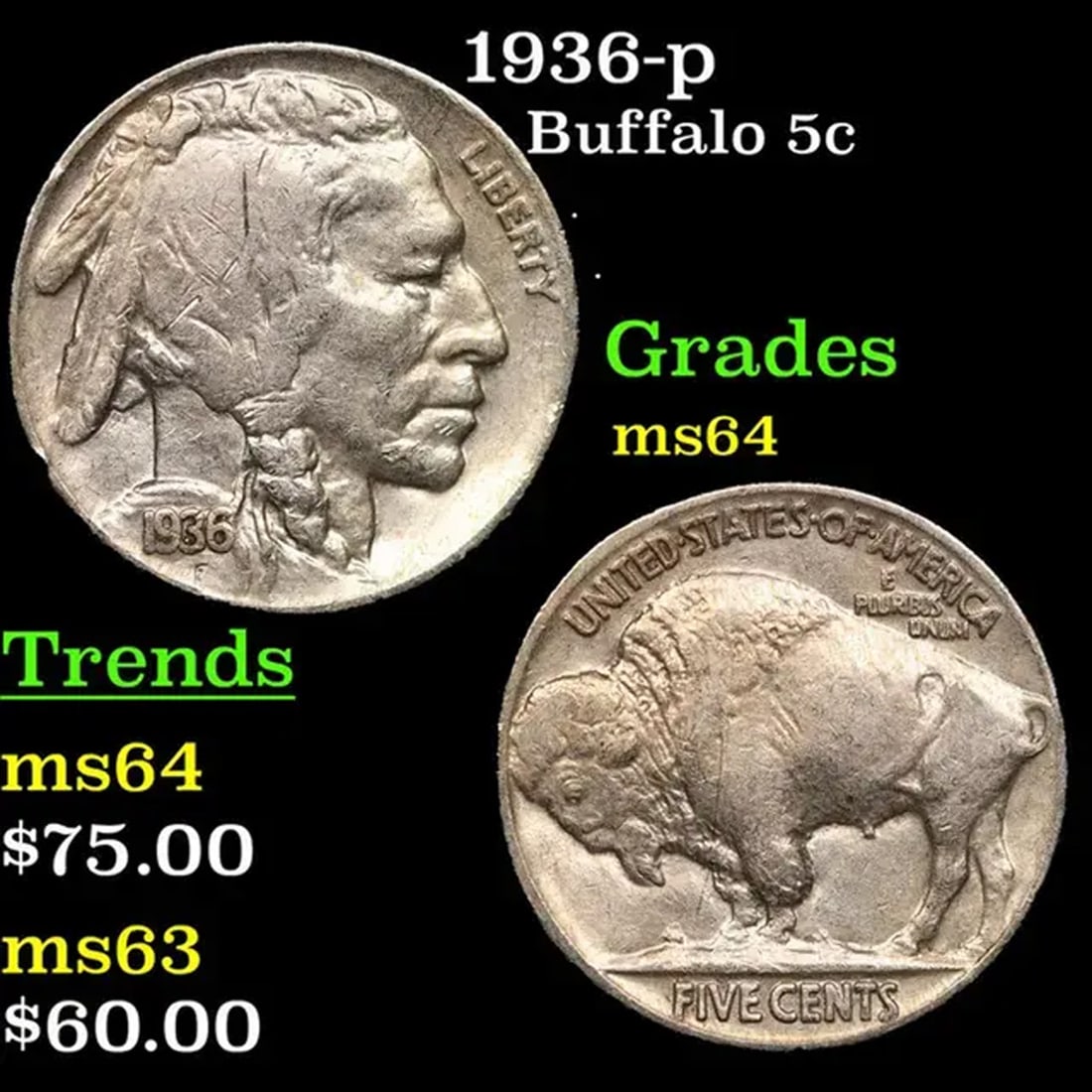 1936-p Buffalo Nickel 5c Grades Choice Unc (1 of 3)