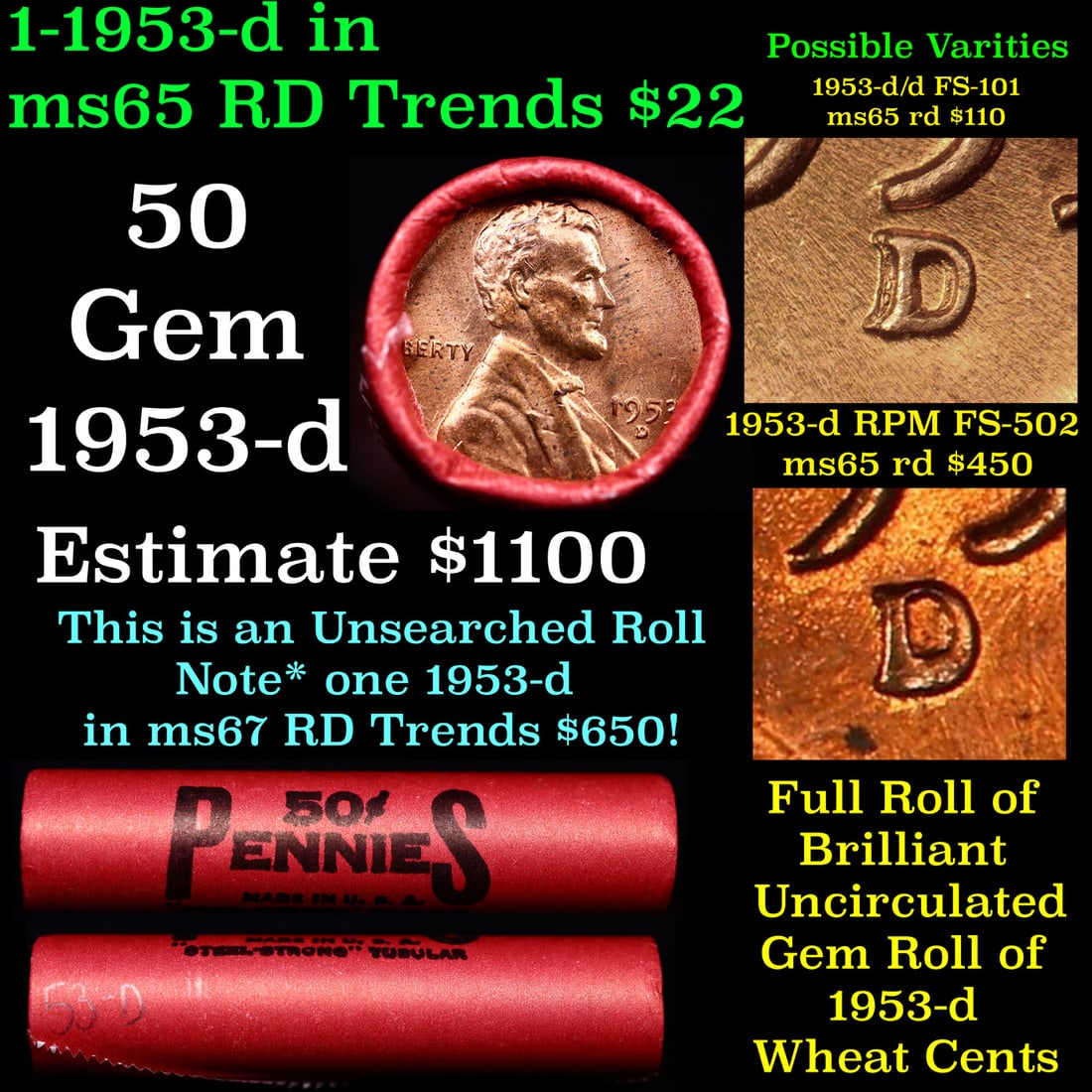 BU Shotgun Lincoln 1c roll, 1953-d 50 pcs Steel-Strong Wrapper 50c: BU Shotgun Lincoln 1c roll, 1953-d 50 pcs Steel-Strong Wrapper 50c. A terrific Shotgun roll of Lincoln cents in a steel strong wrapper. Most if not all coins should be cherry red.
