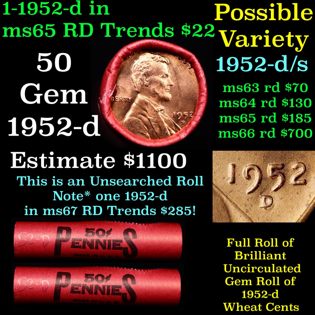 BU Shotgun Lincoln 1c roll, 1952-d 50 pcs Steel-Strong Wrapper 50c: BU Shotgun Lincoln 1c roll, 1952-d 50 pcs Steel-Strong Wrapper 50c. A terrific Shotgun roll of Lincoln cents in a steel strong wrapper. Most if not all coins should be cherry red.