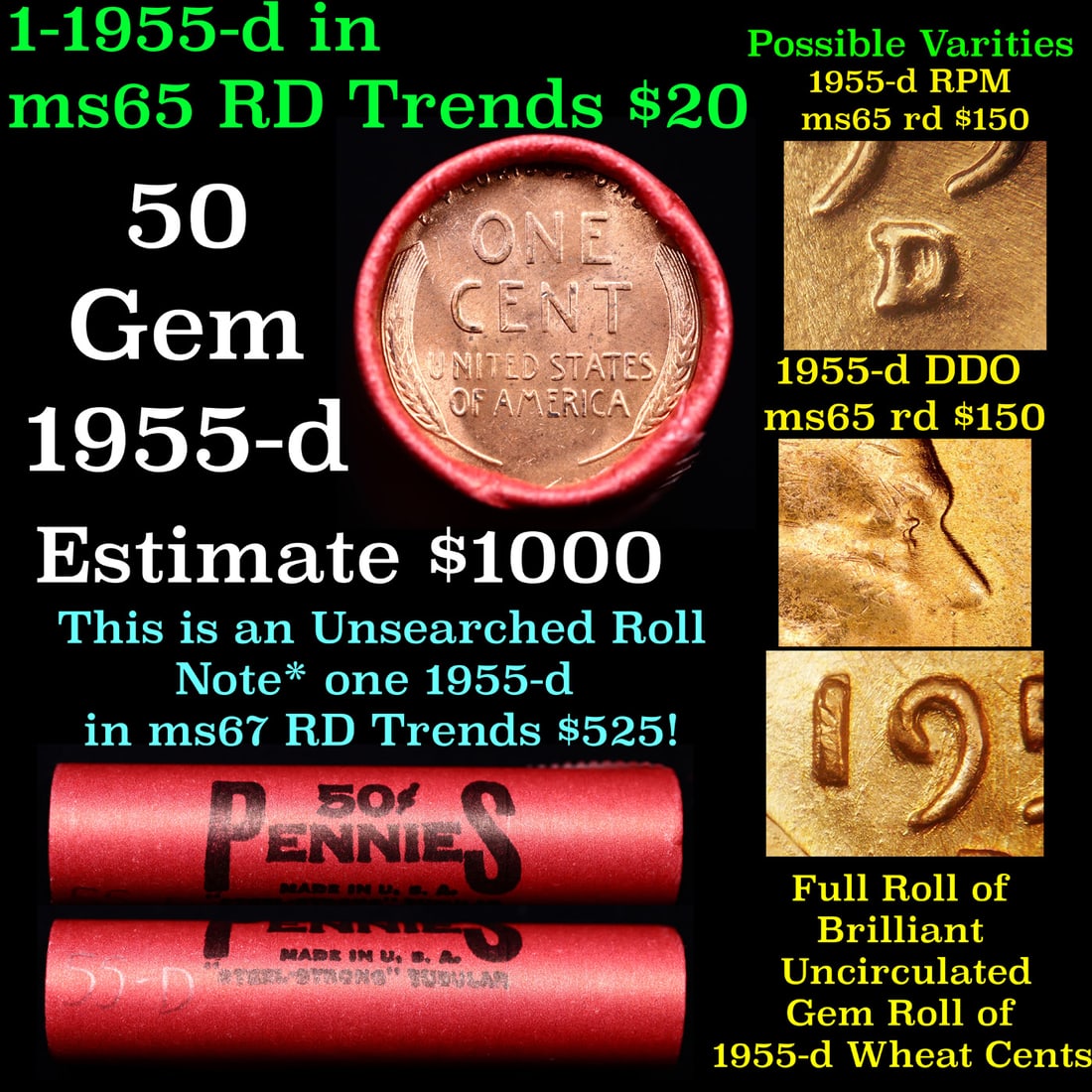 BU Shotgun Lincoln 1c roll, 1955-d 50 pcs Steel-Strong Wrapper 50c: BU Shotgun Lincoln 1c roll, 1955-d 50 pcs Steel-Strong Wrapper 50c. A terrific Shotgun roll of Lincoln cents in a steel strong wrapper. Most if not all coins should be cherry red.
