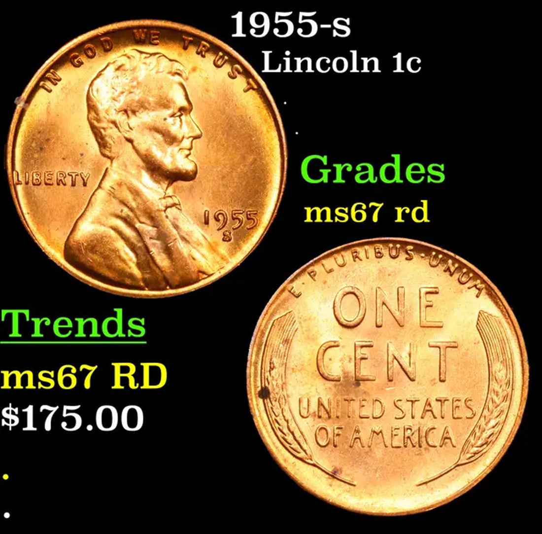 1955-s Lincoln Cent 1c Grades GEM++ Unc RD (1 of 3)