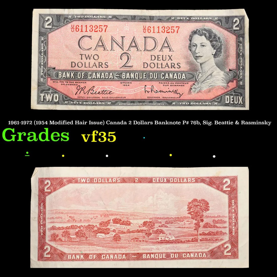 1961-1972 (1954 Modified Hair Issue) Canada 2 Dollars Banknote P# 76b, Sig. Beattie & Rasminsky (1 of 3)