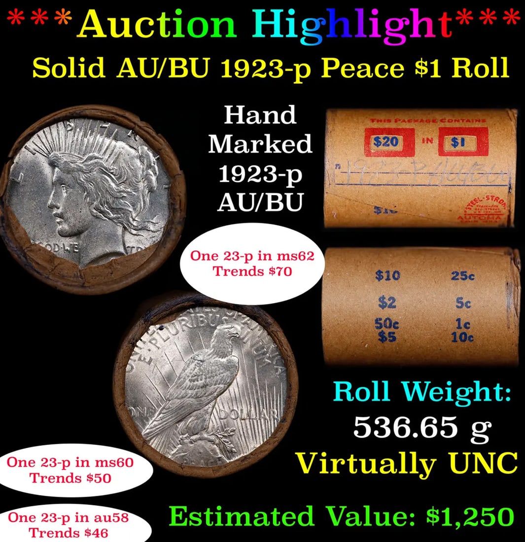 ***Auction Highlight*** Full solid date 1923-p Au/Bu Slider Peace silver dollar roll, 20 coins (fc) (1 of 5)