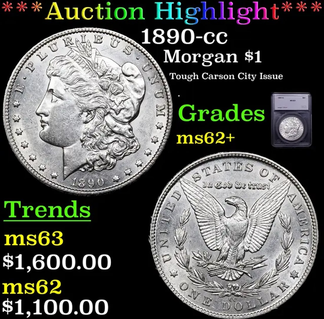 ***Auction Highlight*** 1890-cc Morgan Dollar $1 Graded ms62+ By SEGS (fc) (1 of 5)