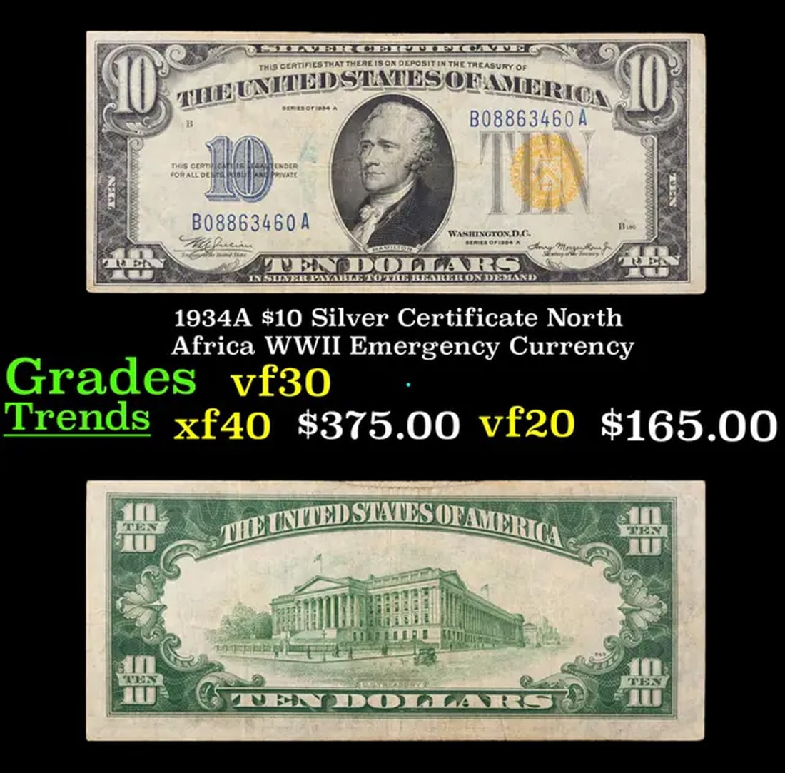 1934A $10 North Africa Silver Certificate WWII Emergency Currency Grades vf++ (1 of 3)