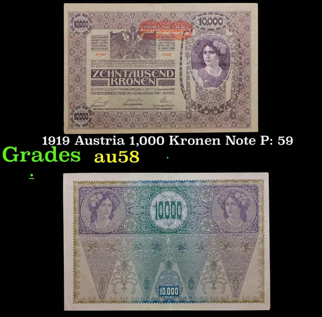 1919 Austria 1,000 Kronen Note P: 59 Grades Choice AU/BU Slider: 1919 Austria 1,000 Kronen Note P: 59 Grades Choice AU/BU Slider.