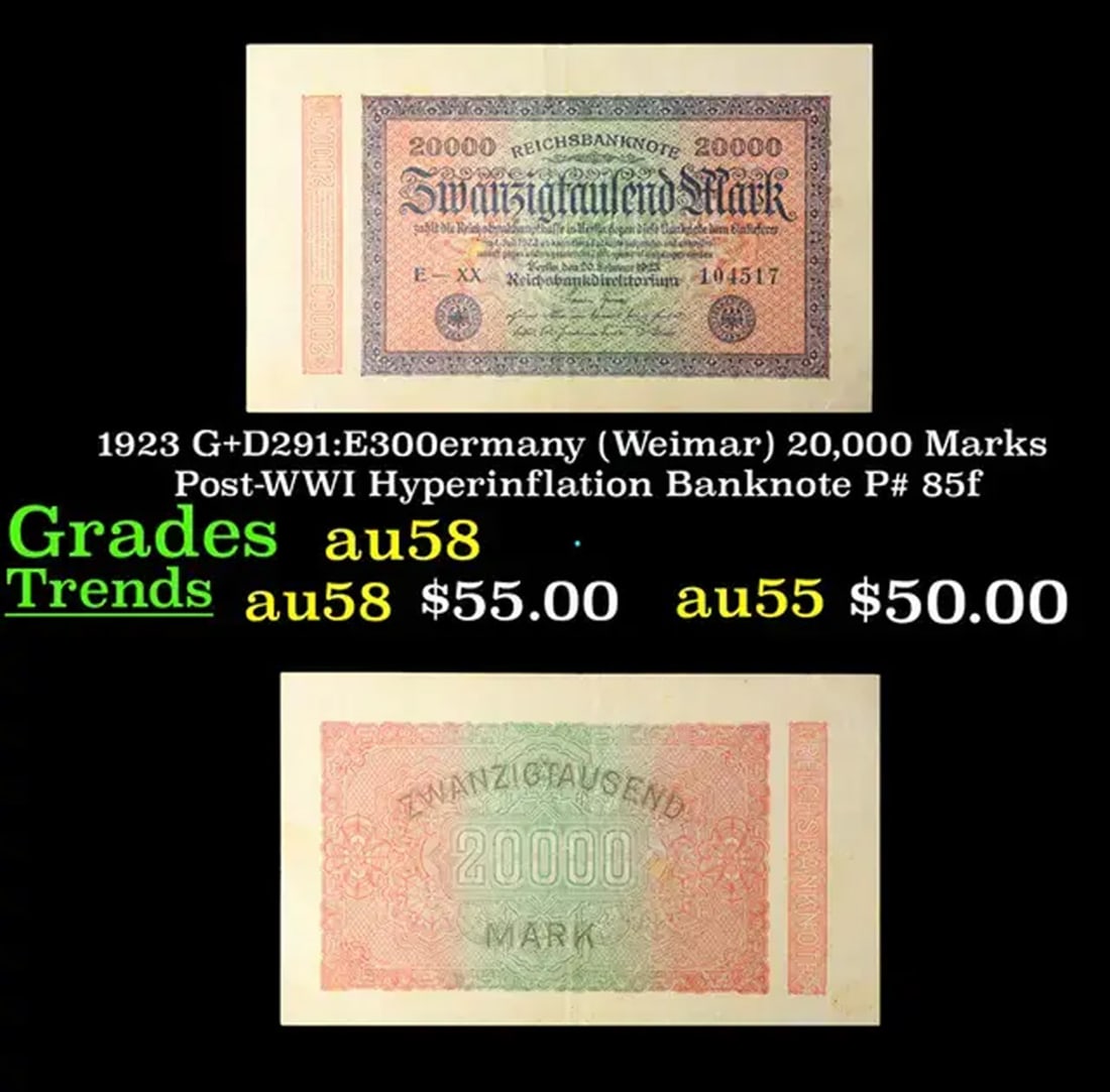 1923 G+D291:E300ermany (Weimar) 20,000 Marks Post-WWI Hyperinflation Banknote P# 85f Grades Choice: 1923 G+D291:E300ermany (Weimar) 20,000 Marks Post-WWI Hyperinflation Banknote P# 85f Grades Choice AU/BU Slider. In the early 1920s, post-WWI Germany saw its economy spiraling out of control. Hyperinf