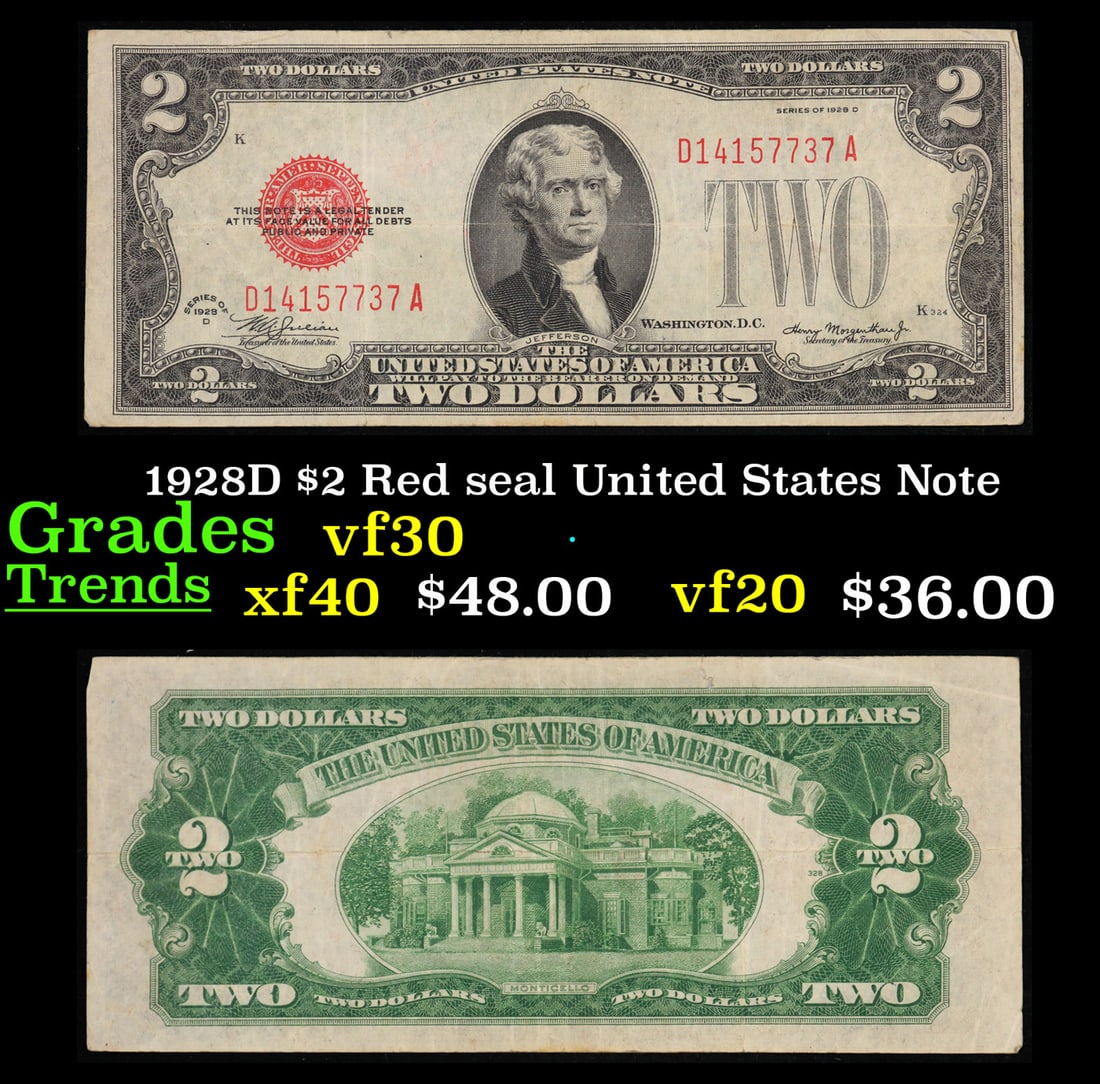 1928D $2 Red seal United States Note Grades vf++ (1 of 3)