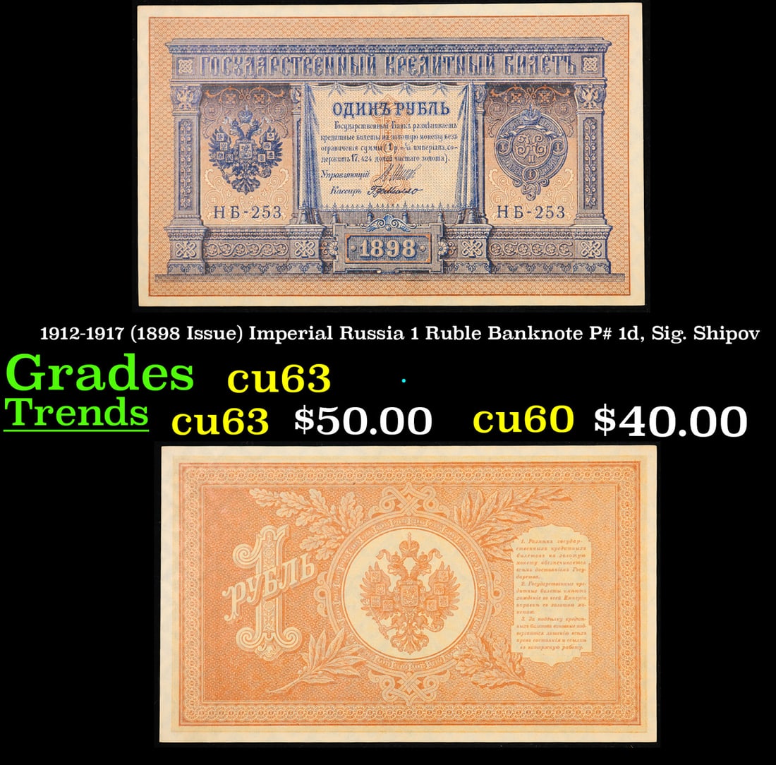 1912-1917 (1898 Issue) Imperial Russia 1 Ruble Banknote P# 1d, Sig. Shipov Grades Select CU (1 of 3)