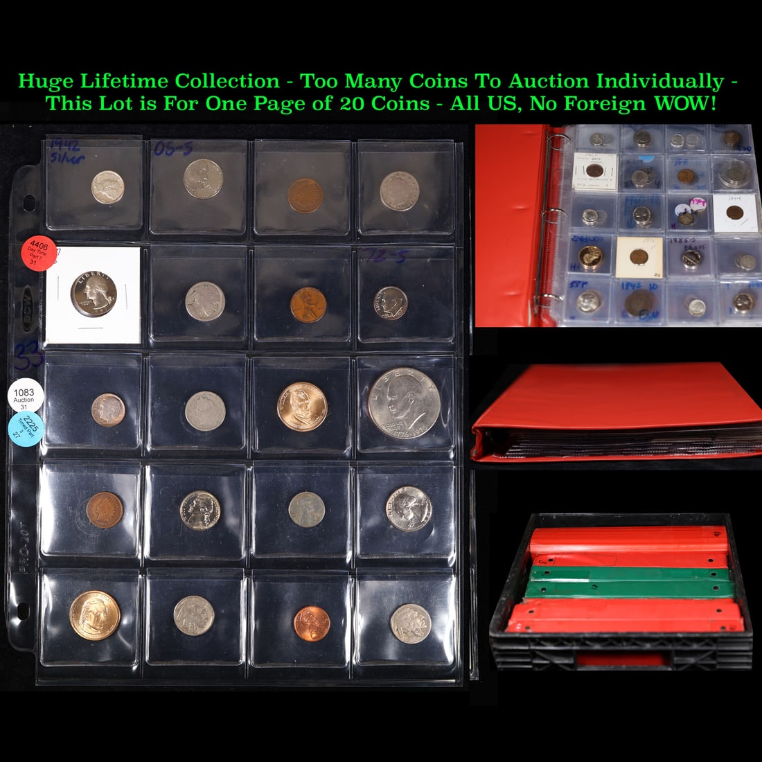Huge Liifetime Collection - Too Many Coins To Auction Individually - This Lot is For One Page of 20: Huge Liifetime Collection - Too Many Coins To Auction Individually - This Lot is For One Page of 20 Coins - All US, No Foreign WOW!. We have received a huge collection of over 10 thousand US coins in 