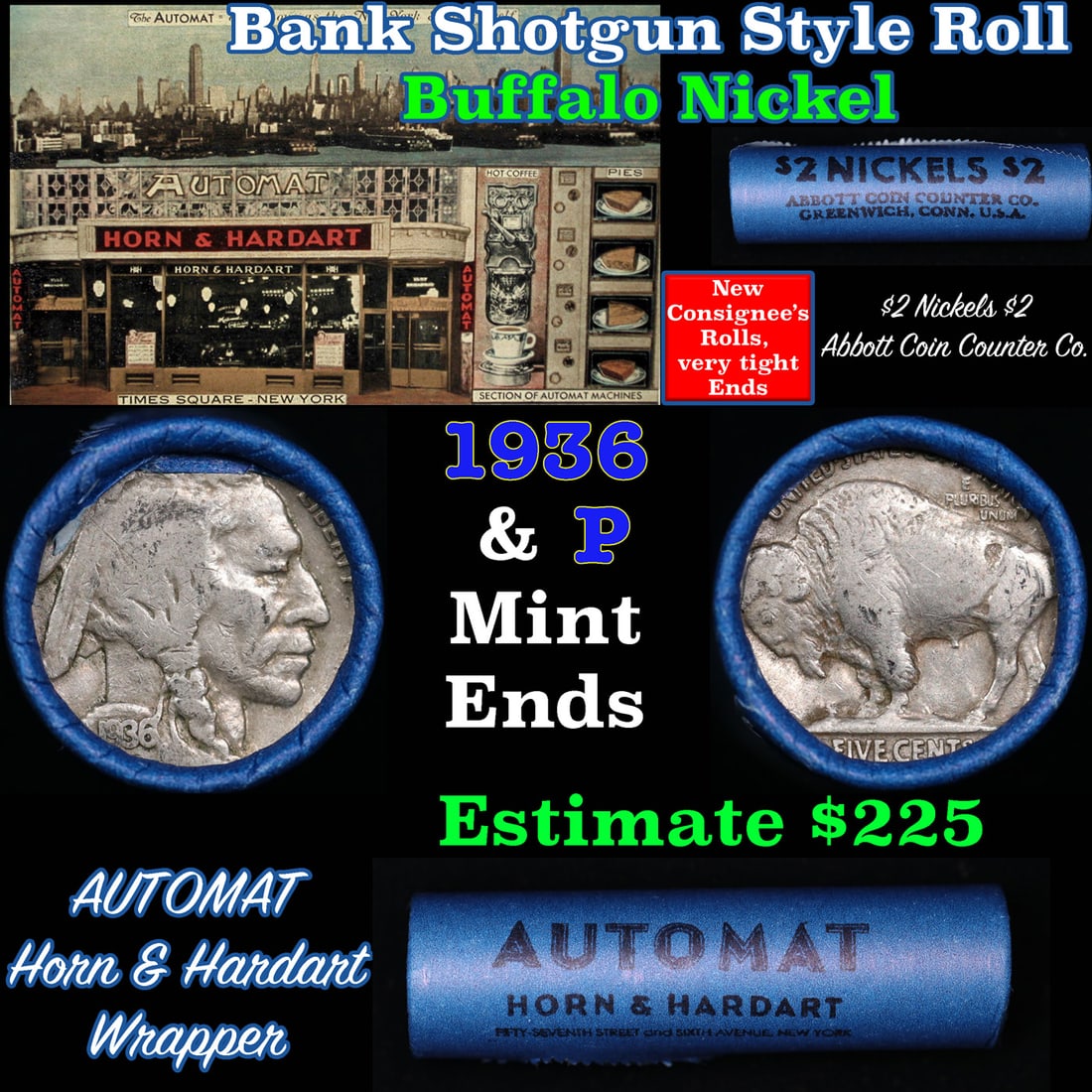 Buffalo Nickel Shotgun Roll in Old Bank Style ' Nathan's Abbott Coin Counter' Wrapper 1936 & p Mint (1 of 4)