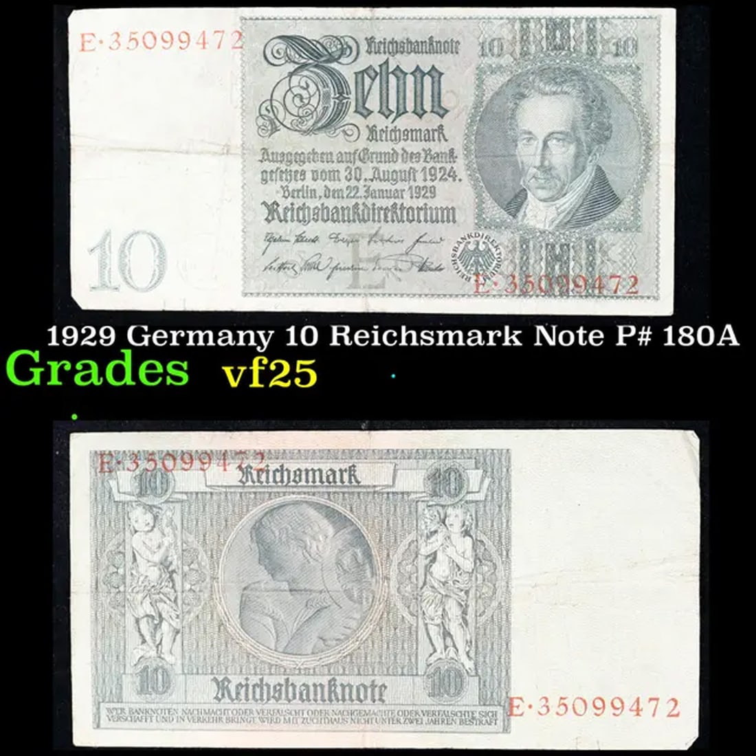 1929 Germany 10 Reichsmark Note P# 180A Grades vf+ (1 of 3)