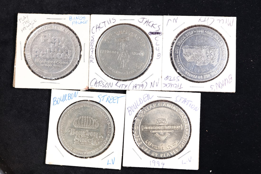 Lot of 5x Various Vintage Gaming Tokens Grades: Lot of 5x Various Vintage Gaming Tokens Grades. 1979 Bingo Palace Las Vegas, 1994 Boulder Station Las Vegas, Bourbon Street Casino Las Vegas, Burns Bros Truck Stop Mill City NV, 1979 Cactus Jack's Sen