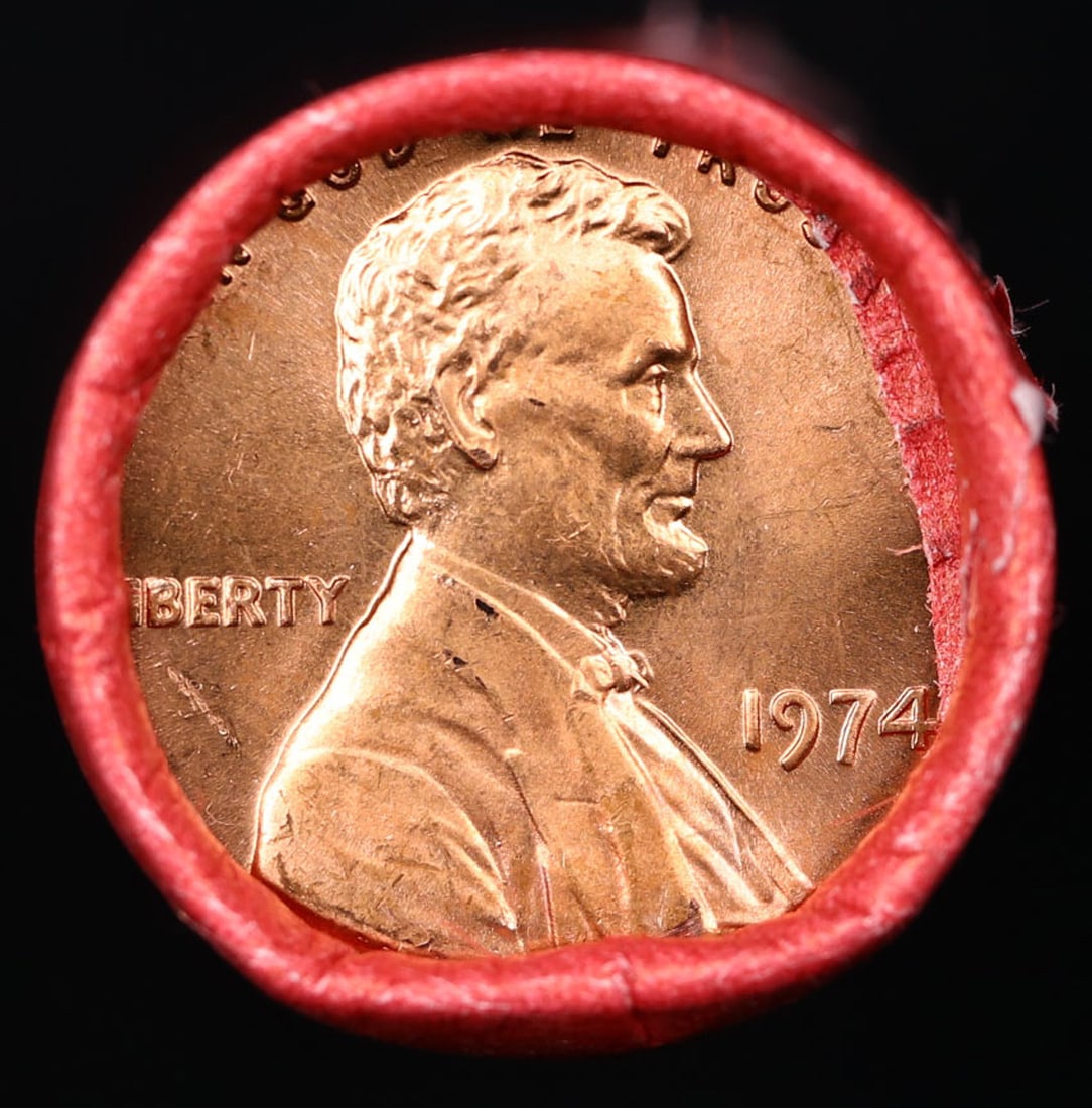 Shotgun Lincoln 1c roll, 1974-p 50 pcs Steel Strong Wrapper.: Shotgun Lincoln 1c roll, 1974-p 50 pcs Steel Strong Wrapper.. A terrific Shotgun roll of Lincoln cents. Most if not all coin should be cherry red.