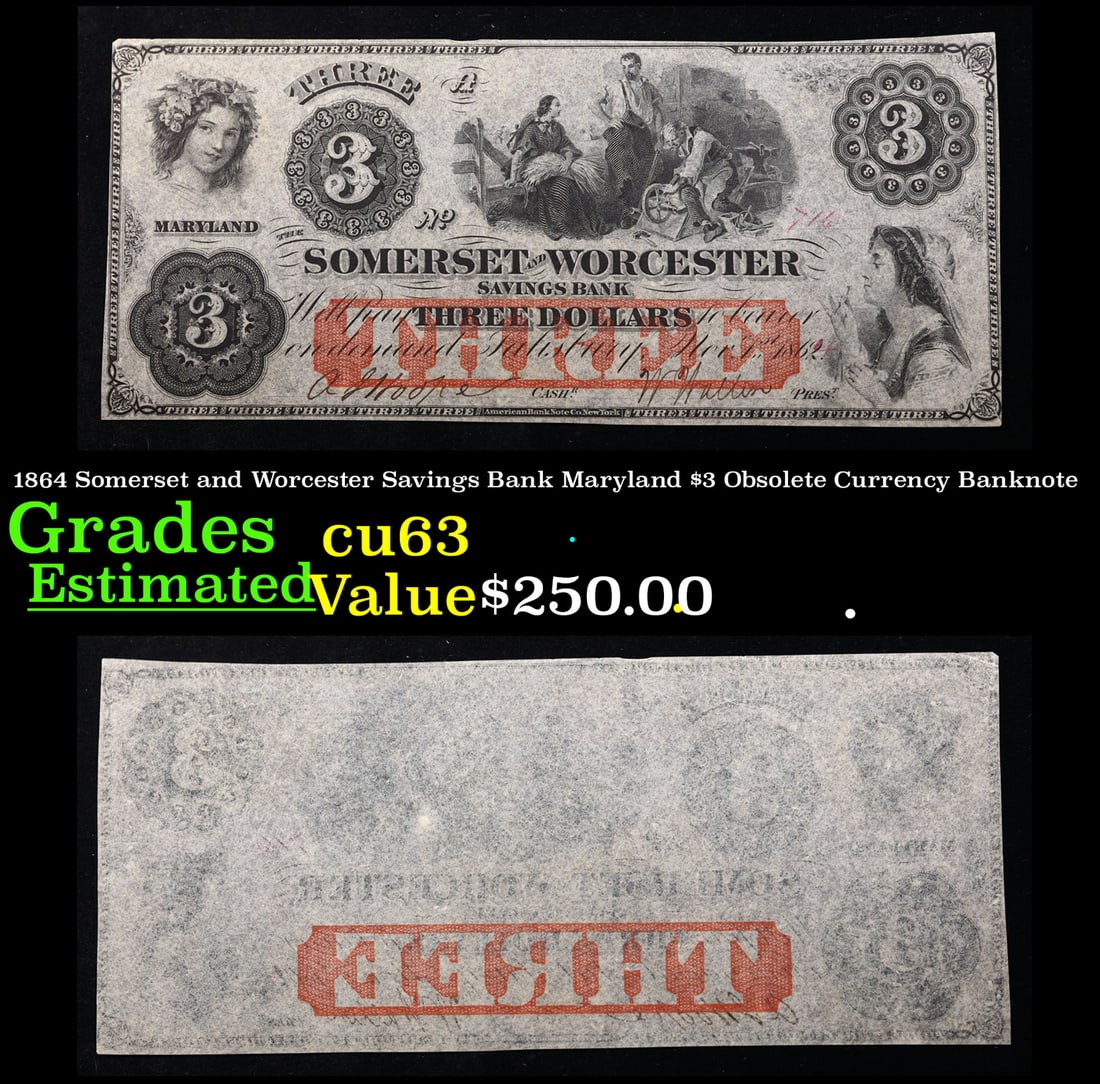 1864 Somerset and Worcester Savings Bank Maryland $3 Obsolete Currency Banknote Grades Select CU (1 of 3)
