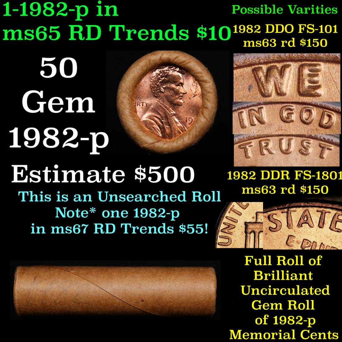 Shotgun Lincoln 1c roll, 1982-p 50 pcs Brandt Wrapper.: Shotgun Lincoln 1c roll, 1982-p 50 pcs Brandt Wrapper.. A terrific Shotgun roll of Lincoln cents. Most if not all coin should be cherry red.