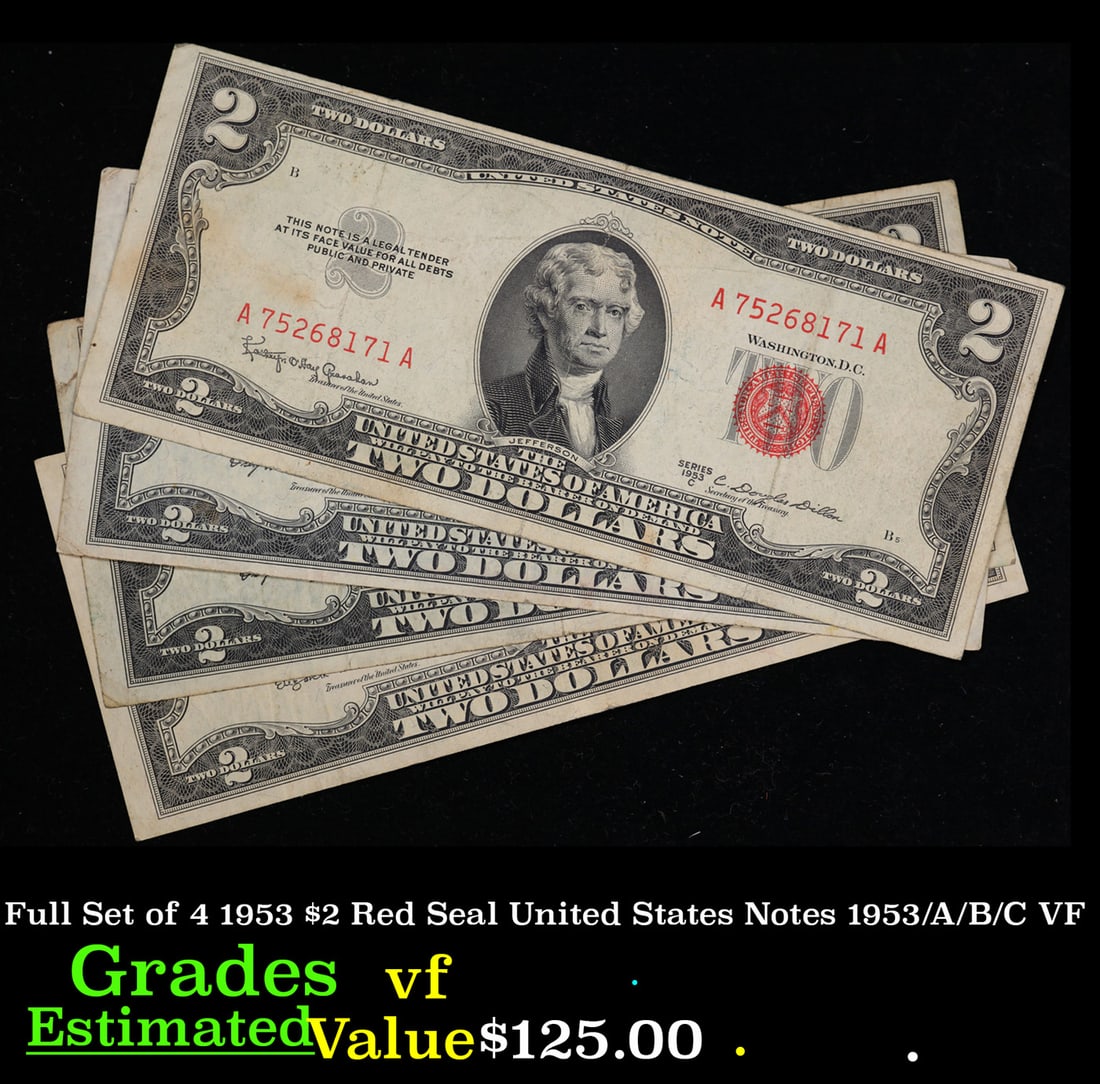 Full Set of 4 1953 $2 Red Seal United States Notes 1953/A/B/C VF (1 of 3)