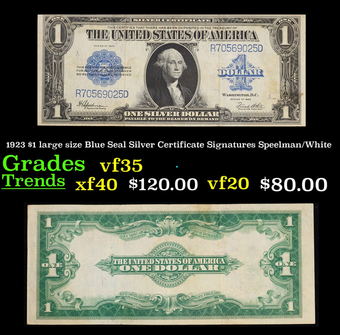 1923 $1 large size Blue Seal Silver Certificate Grades vf++ Signatures Speelman/White (1 of 3)