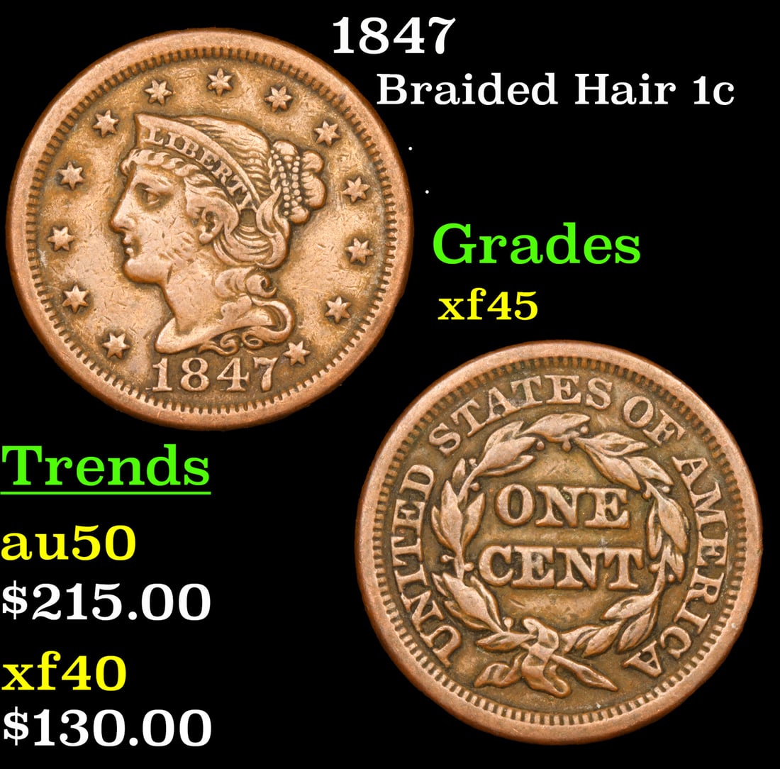 1847 Braided Hair Large Cent 1c Grades xf+ (1 of 3)