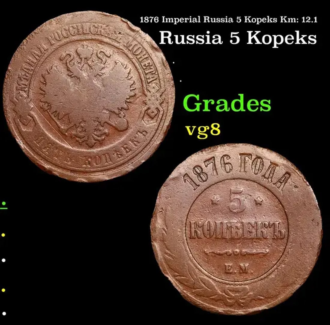 1876 Imperial Russia 5 Kopeks Km: 12.1 Grades vg, very good (1 of 3)
