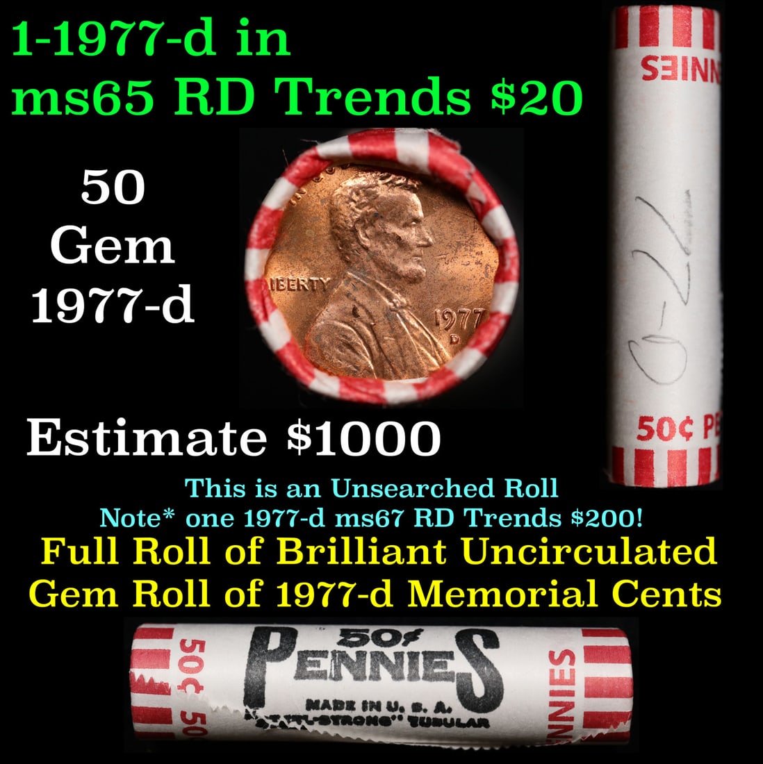 BU Shotgun Lincoln 1c roll, 1977-d 50 pcs Steel-Strong Wrapper 50c (1 of 3)