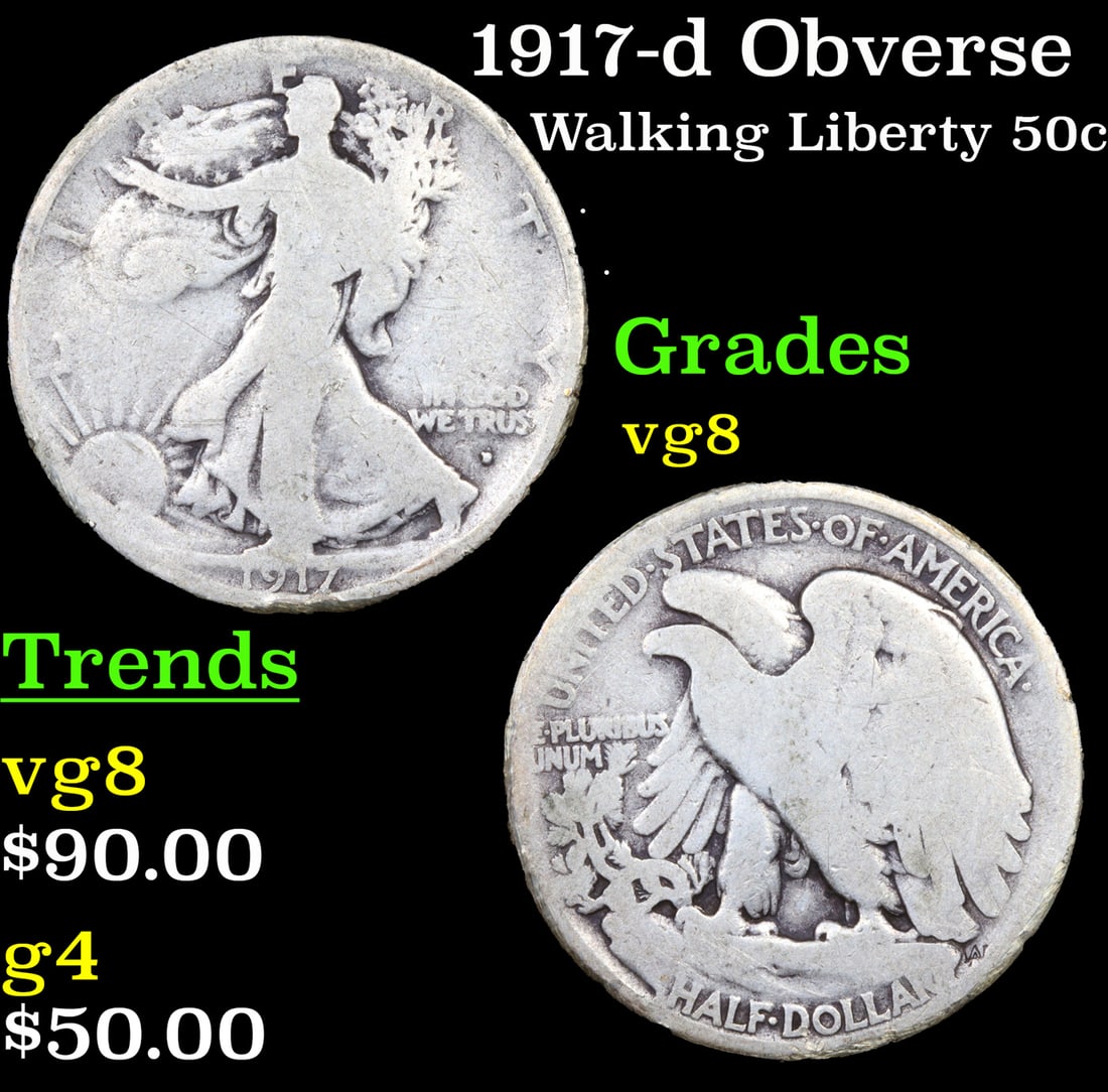 1917-d Obverse Walking Liberty Half Dollar 50c Grades vg, very good (1 of 3)
