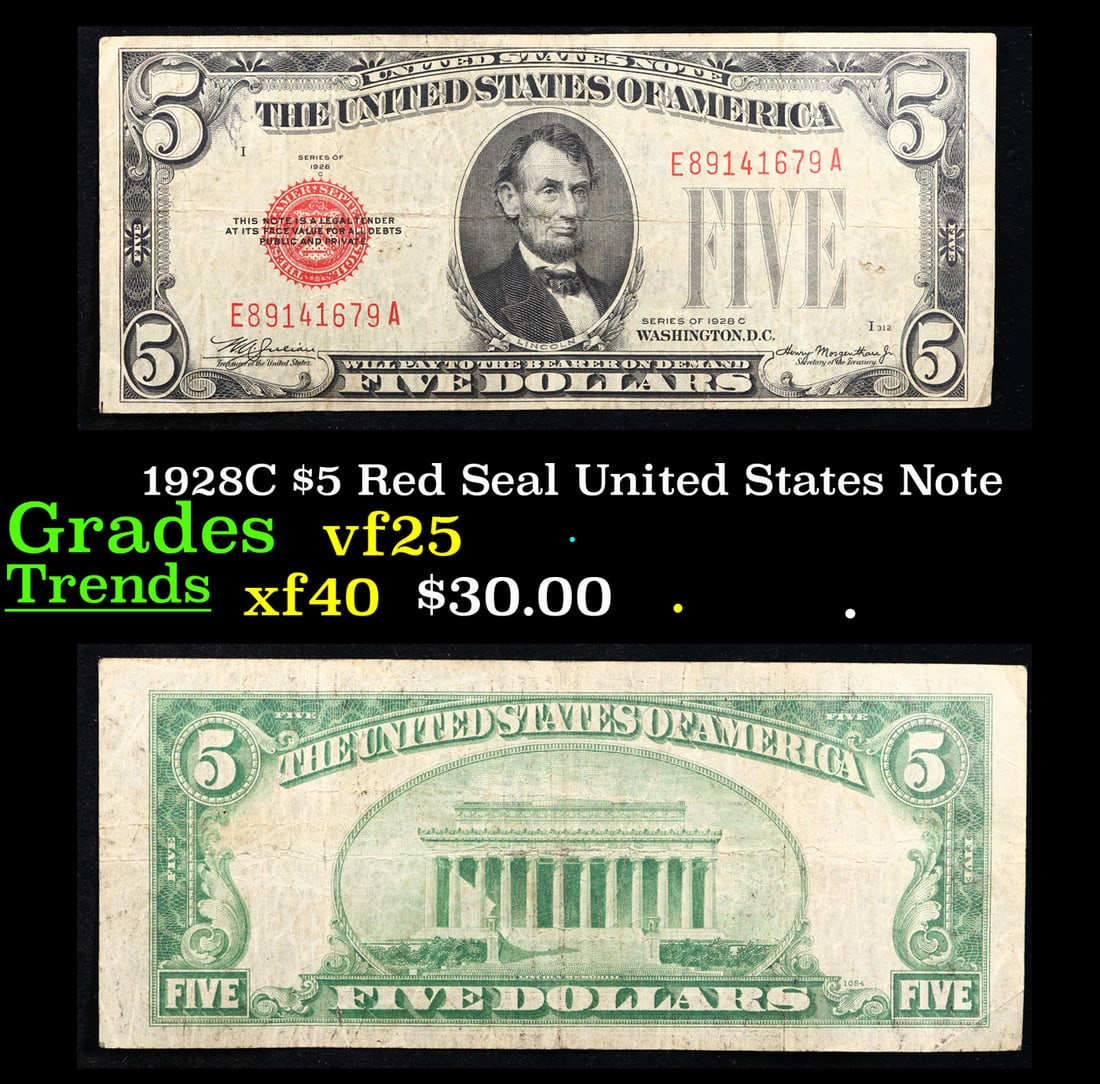 1928C $5 Red Seal United States Note Grades vf+ (1 of 3)