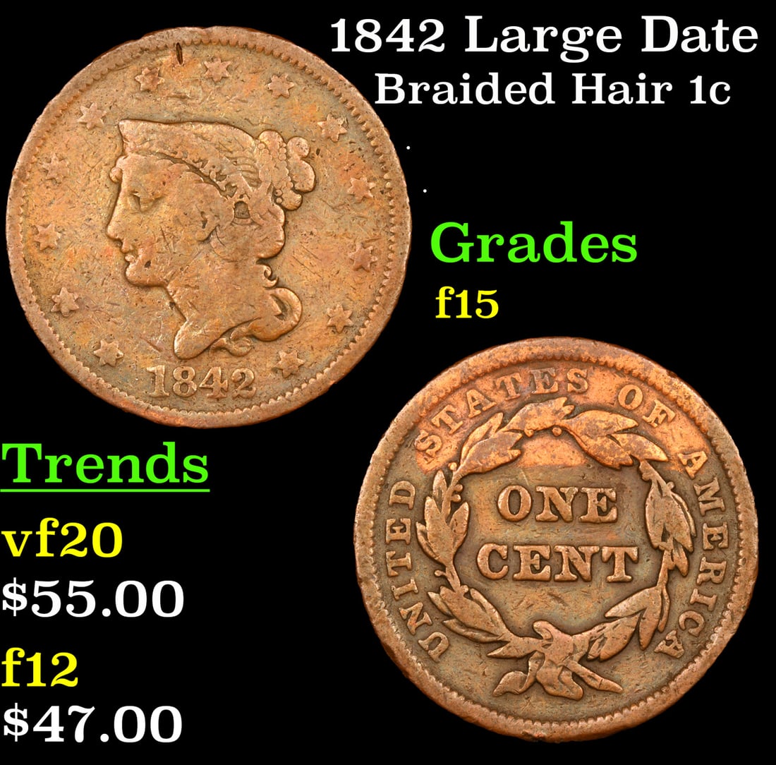 1842 Large Date Braided Hair Large Cent 1c Grades f+ (1 of 3)