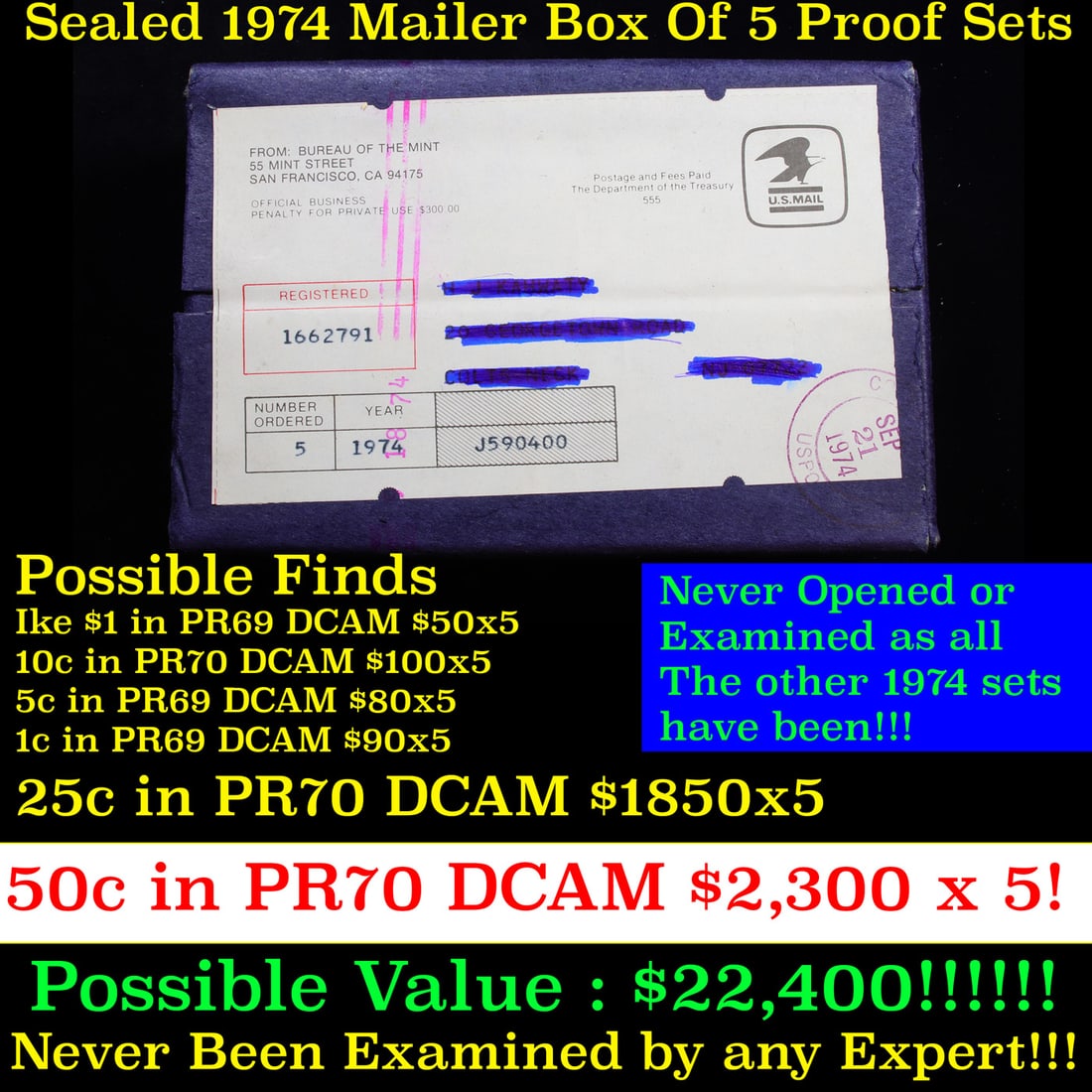 Original sealed box 5- 1974 United States Mint Proof Sets: Original sealed box 5- 1974 United States Mint Proof Sets. Up for Auction is an Unopened Mailer Box from 1974 containing 5 1974 Proof Sets!!!! Wow! - This Mailer Box is sealed exactly as it left the m