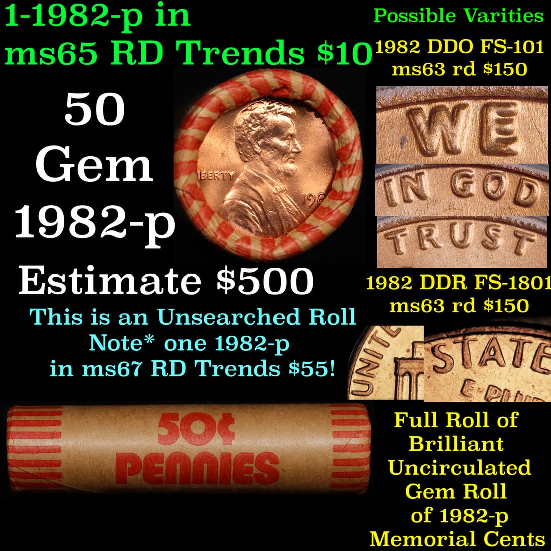 Shotgun Lincoln 1c roll, 1982-p Zinc 50 pcs Brandt Wrapper.: Shotgun Lincoln 1c roll, 1982-p Zinc 50 pcs Brandt Wrapper.. A terrific Shotgun roll of Lincoln cents. Most if not all coin should be cherry red.