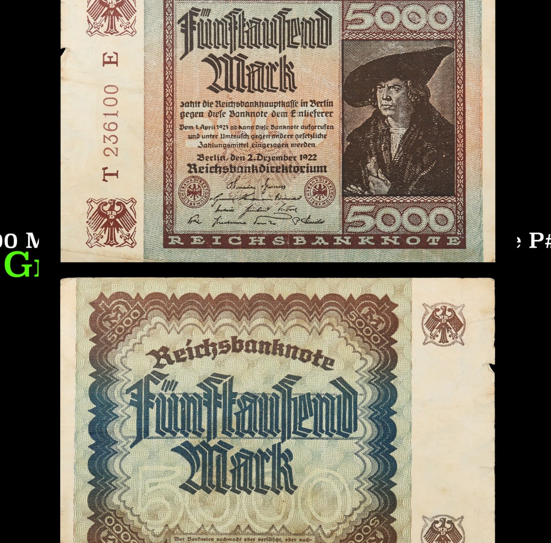 1922 Germany (Weimar) 5000 Marks Post-WWI Hyperinflation Banknote P# 81a, Watermark G/D in Stars: 1922 Germany (Weimar) 5000 Marks Post-WWI Hyperinflation Banknote P# 81a, Watermark G/D in Stars Grades vf+. In the early 1920s, post-WWI Germany saw its economy spiraling out of control. Hyperinflati