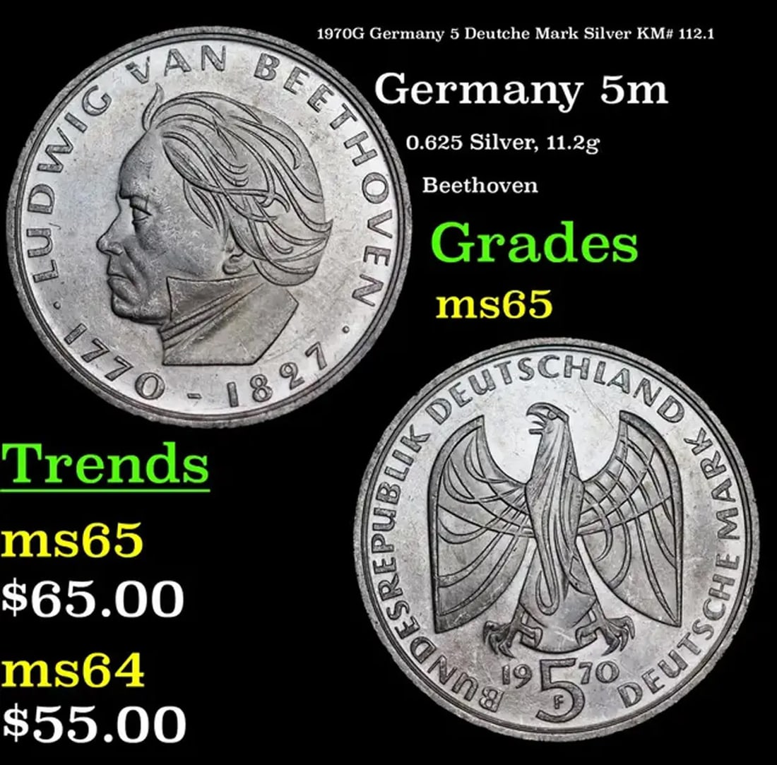 1970 Germany 5 Marks Silver KM# 127 Grades GEM Unc (1 of 3)