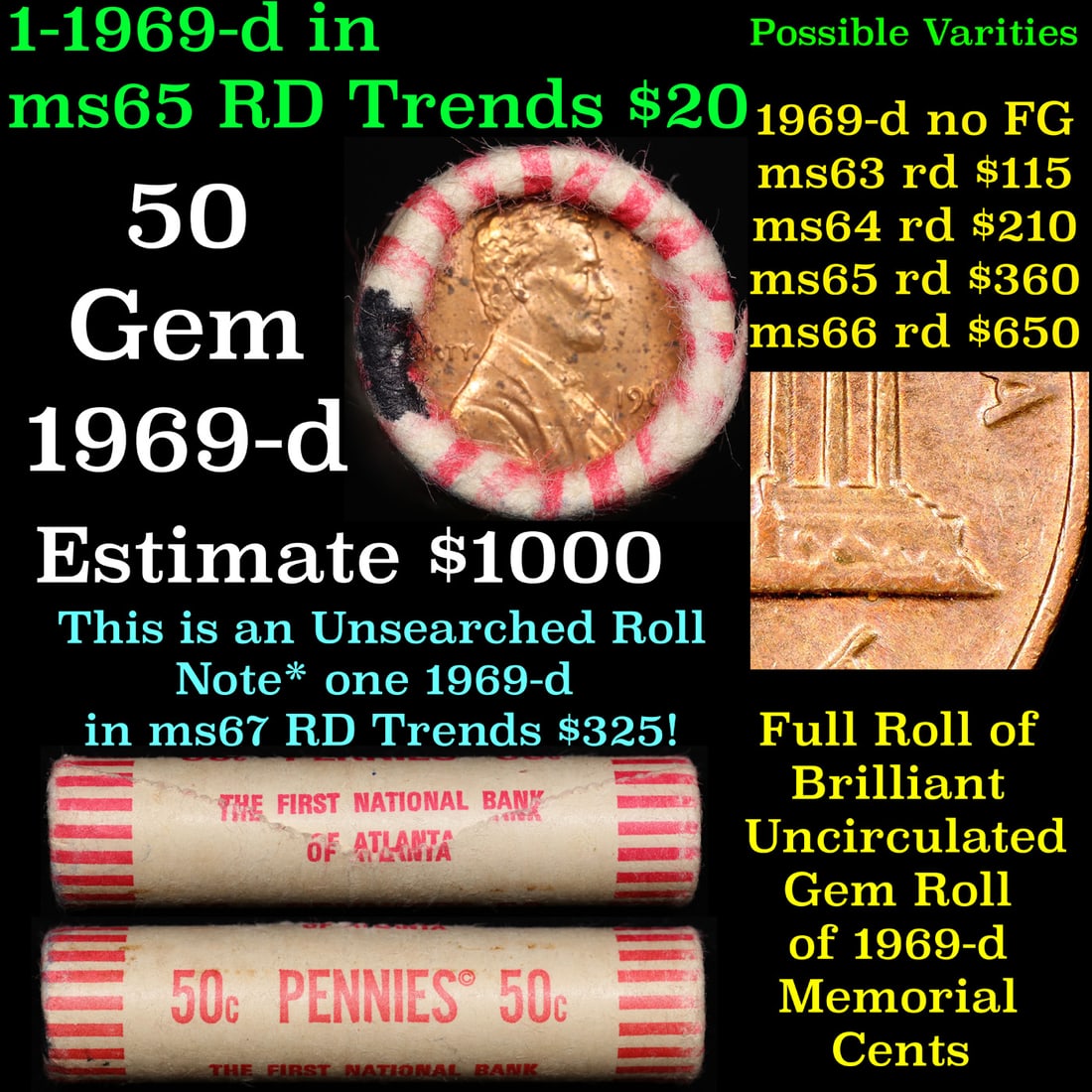 Shotgun Lincoln 1c roll, 1969-d 50 pcs Steel Strong Wrapper.: Shotgun Lincoln 1c roll, 1969-d 50 pcs Steel Strong Wrapper.. A terrific Shotgun roll of Lincoln cents. Most if not all coin should be cherry red.