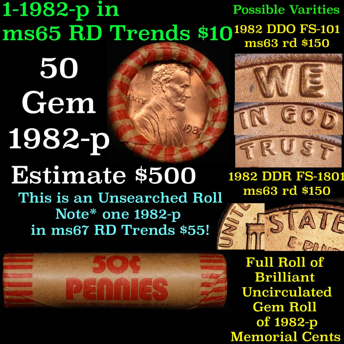 Shotgun Lincoln 1c roll, 1982-p Zinc 50 pcs Brandt Wrapper.: Shotgun Lincoln 1c roll, 1982-p Zinc 50 pcs Brandt Wrapper.. A terrific Shotgun roll of Lincoln cents. Most if not all coin should be cherry red.