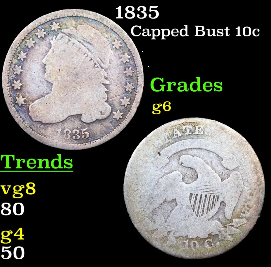 1835 Capped Bust Dime 10c Grades g+ (1 of 3)