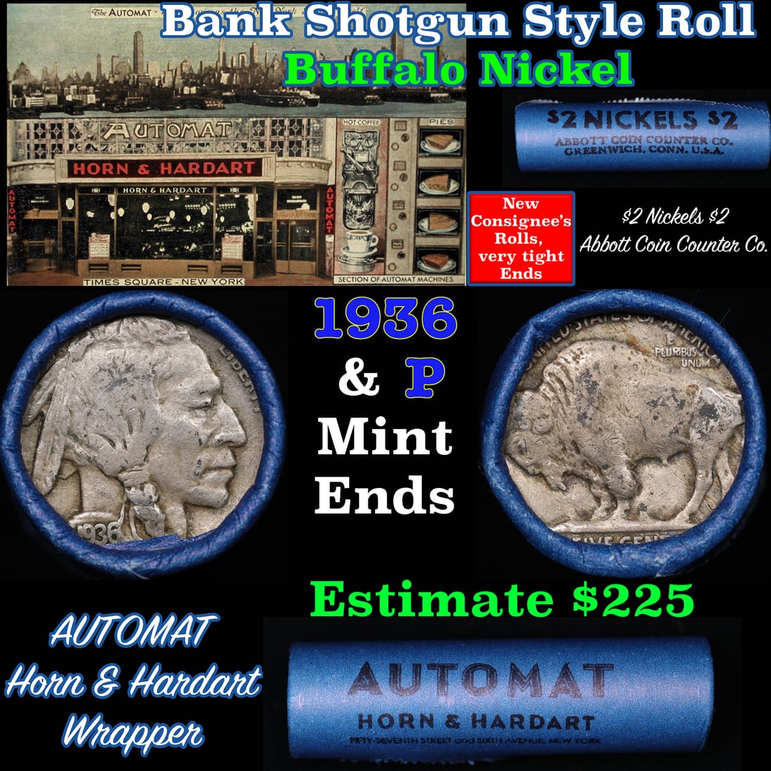 Buffalo Nickel Shotgun Roll in Old Bank Style 'Abbott Coin Counter & Automat' Wrapper 1936 & P Mint (1 of 3)
