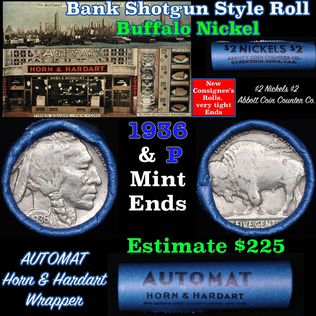 Buffalo Nickel Shotgun Roll in Old Bank Style 'Abbott Coin Counter & Automat ' Wrapper 1936 & p Mint (1 of 3)