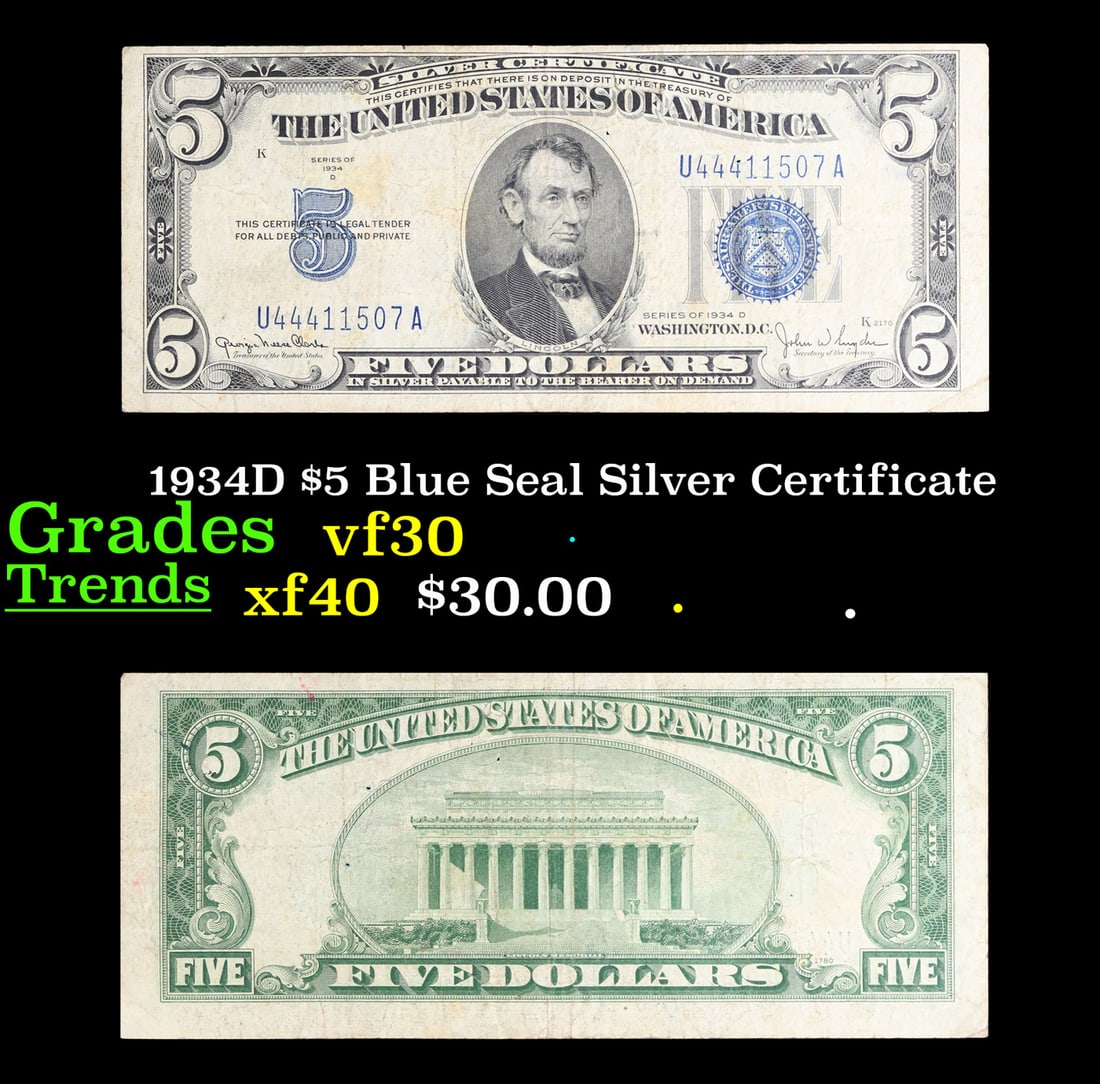 1934D $5 Blue Seal Silver Certificate Grades vf++ (1 of 3)