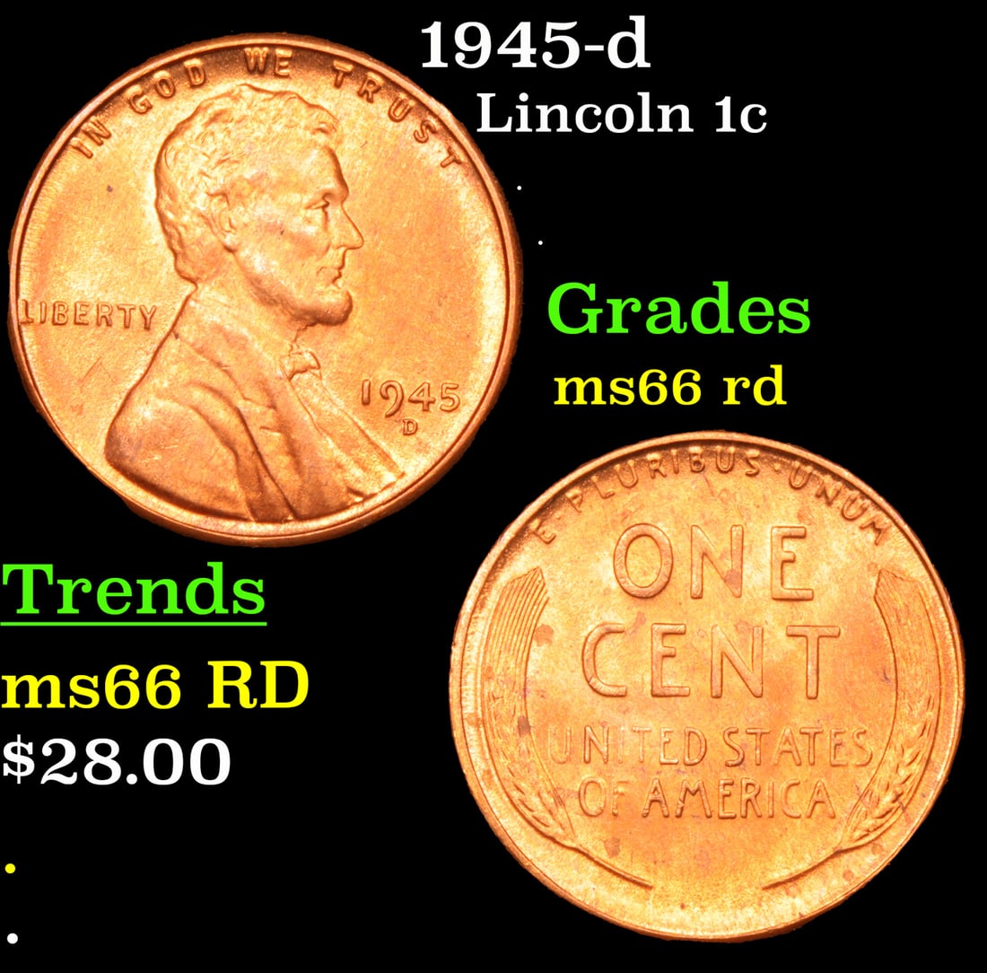 1945-d Lincoln Cent 1c Grades GEM+ Unc RD: 1945-d Lincoln Cent 1c Grades GEM+ Unc RD.