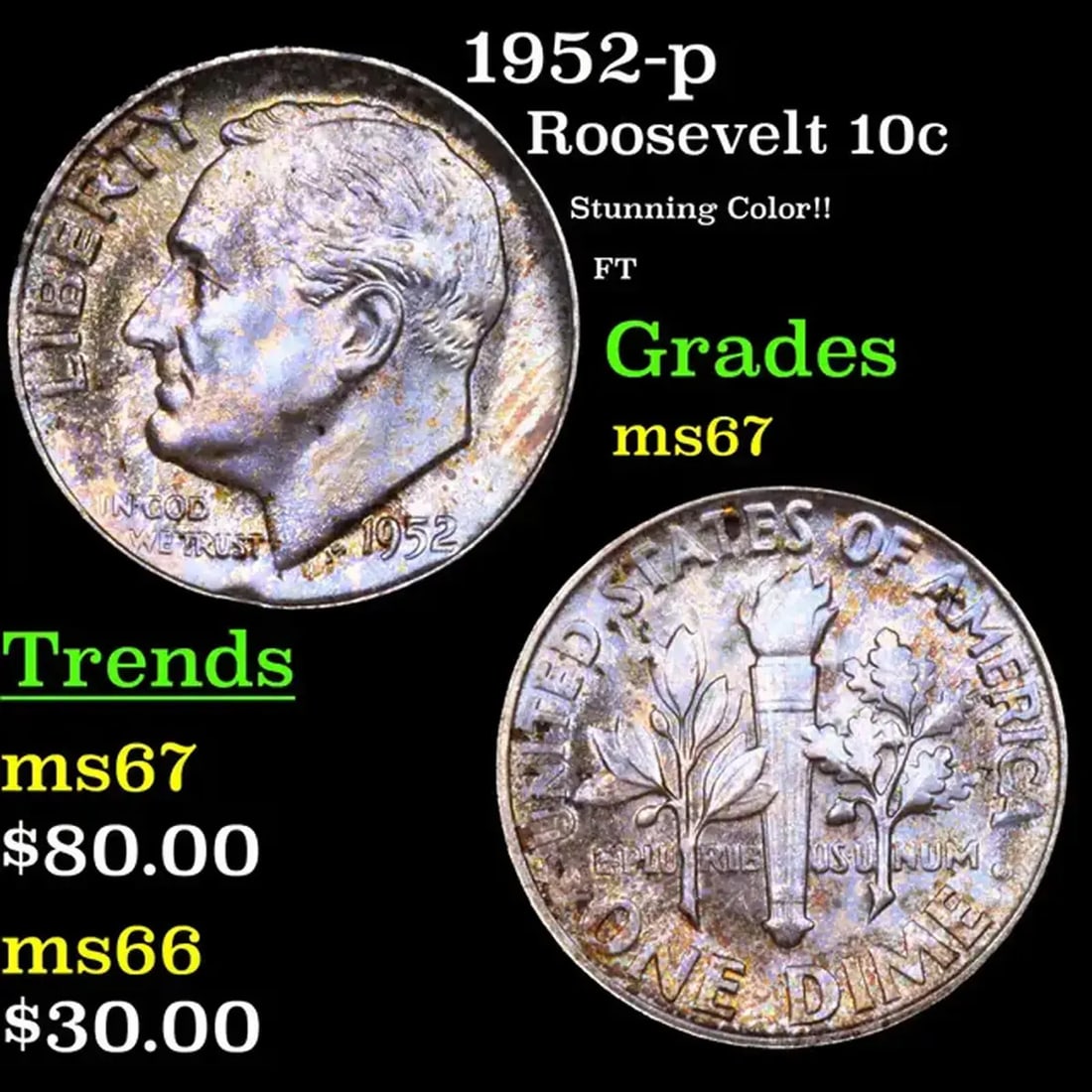 1952-p Roosevelt Dime 10c Grades GEM++ Unc (1 of 3)