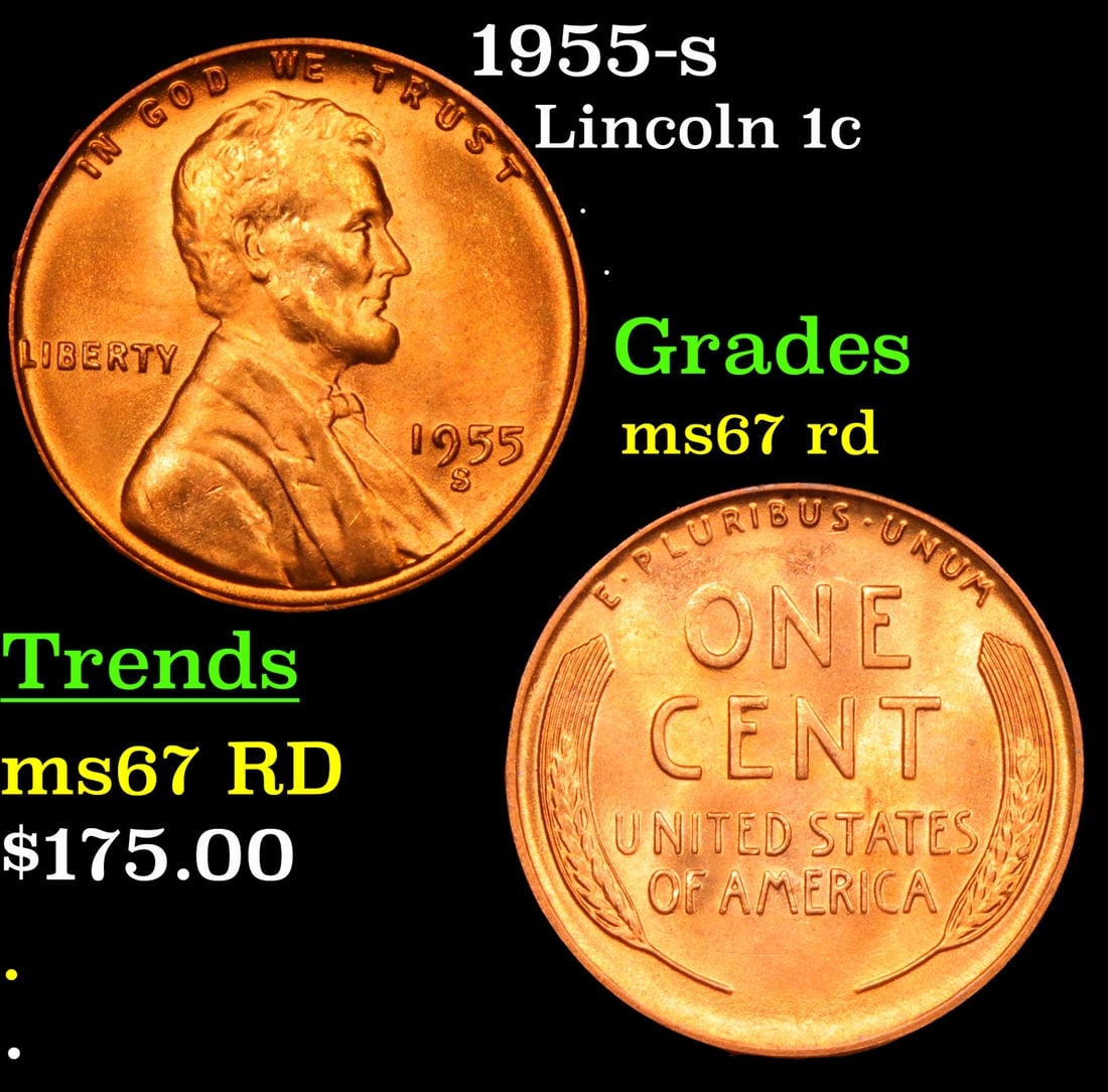 1955-s Lincoln Cent 1c Grades GEM++ Unc RD (1 of 3)