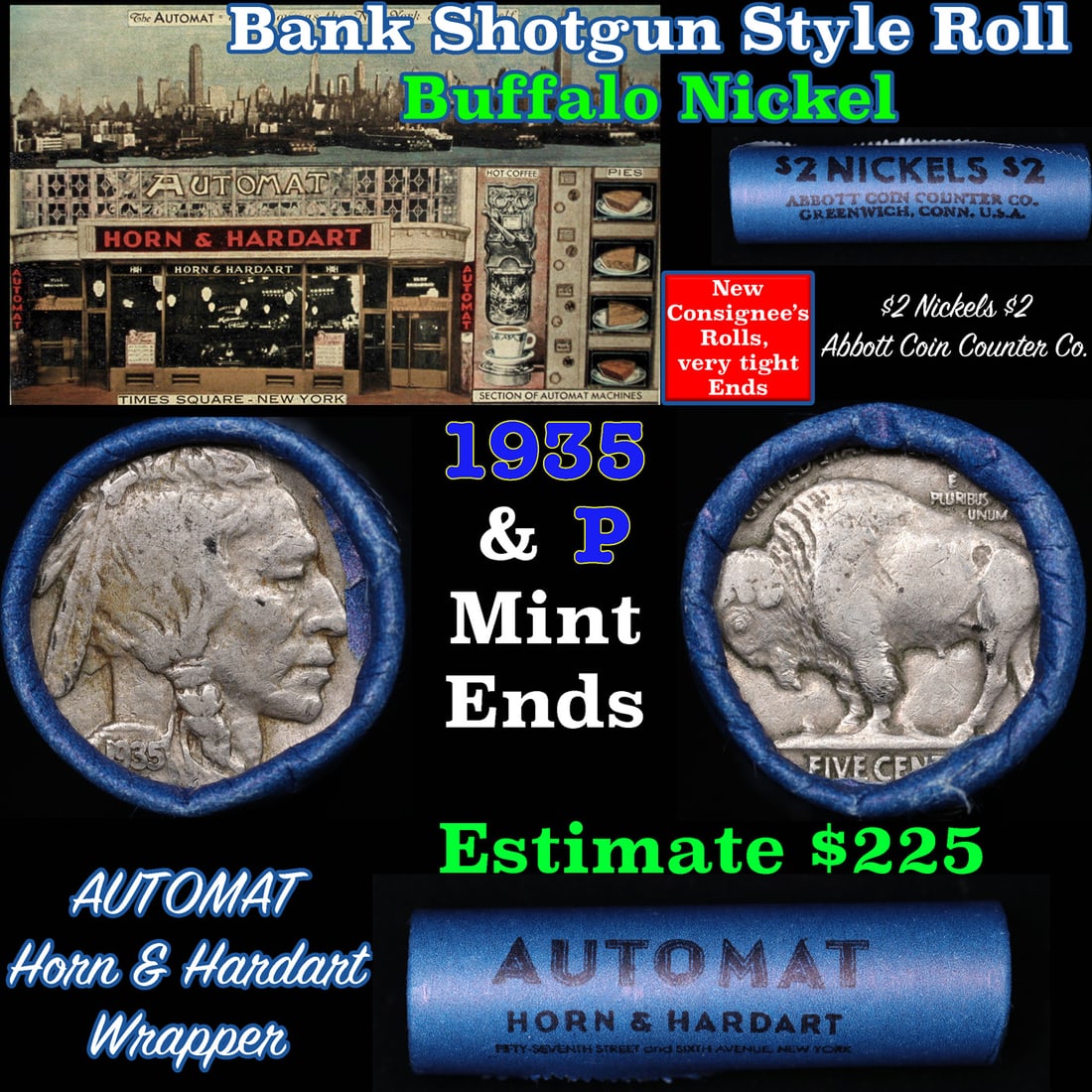 Buffalo Nickel Shotgun Roll in Old Bank Style 'Abbott Coin Counter & Automat' Wrapper 1935 & p Mint (1 of 3)
